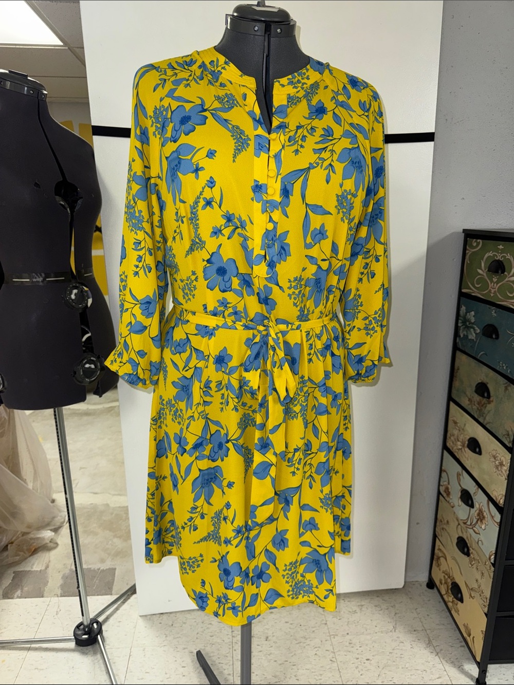 CAbi Yellow Midi Dress with Blue Floral Motif